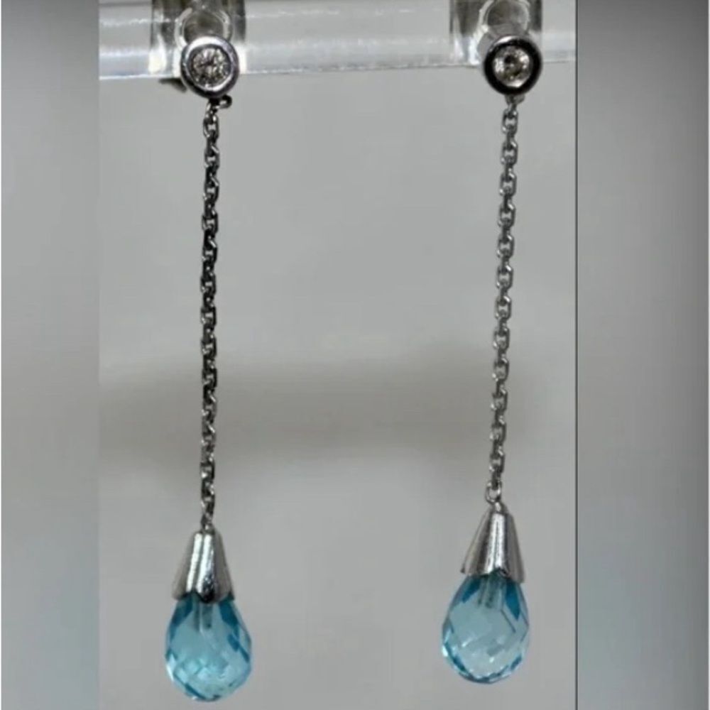 Gorgeous Estate Zen *18K* WG Gold Diamond Dangling Blue Topaz Briolette Earrings
